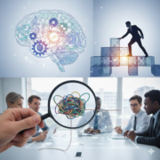 Illustration showing an agile brain with gears and circuits, a silhouette of a person climbing puzzle piece steps, and a magnifying glass over a tangled knot of colored wires, symbolizing cleverness as a psychological resource and strategic problem-solving.