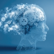 An artistic composition features a translucent head silhouette filled with gears, symbolizing the brain. The dominant blue color palette, combined with a misty effect, creates a futuristic atmosphere. This visual concept is suitable for illustrating technology, innovation, or intellectual themes in various commercial and editorial contexts.