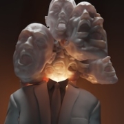 A conceptual 3D sculpture of a man in a suit with multiple expressive white faces emerging from his neck, representing the emotional intensity of histrionic personality disorder.