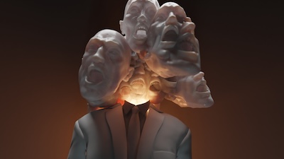 A conceptual 3D sculpture of a man in a suit with multiple expressive white faces emerging from his neck, representing the emotional intensity of histrionic personality disorder.