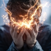 A man holding his head in distress with orange electricity or lightning signifying internal burnout and psychological stress.