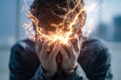 A man holding his head in distress with orange electricity or lightning signifying internal burnout and psychological stress.